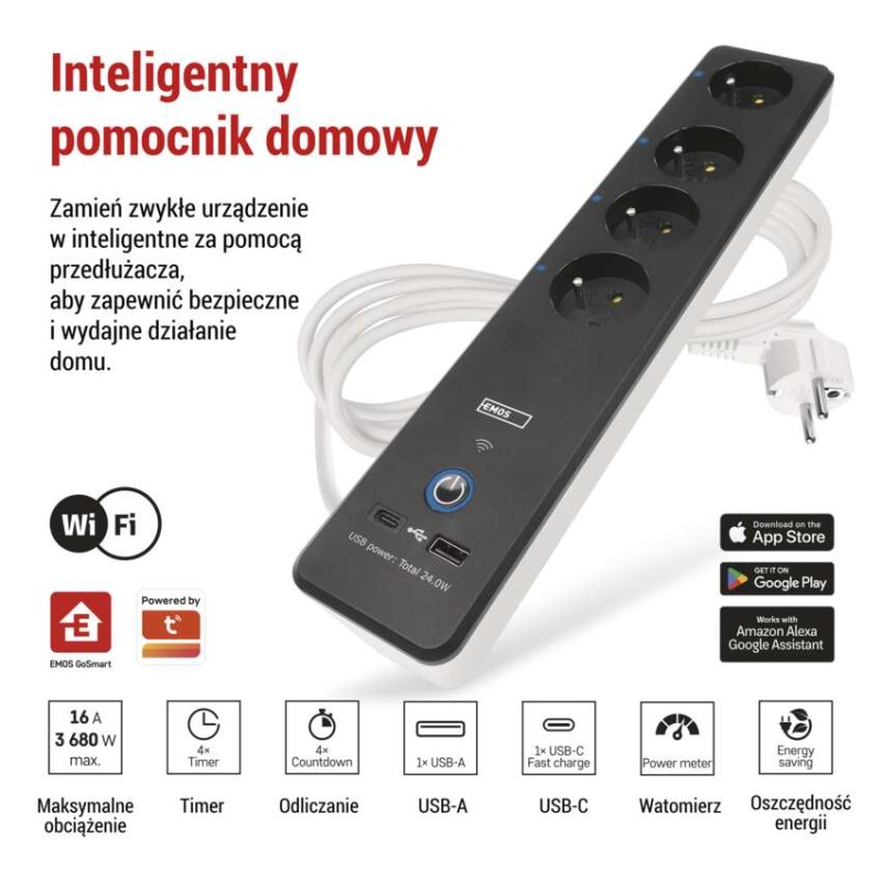 GoSmart Przedłużacz 2 m / 4 gniazda / z wyłącznikiem / z USB / biało-czarny / PVC / 1,5mm2