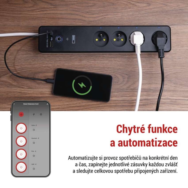 GoSmart prodlužovací kabel 2 m / 4 zásuvky / s vyp. / s USB / bílá-černá / PVC / 1,5 mm2