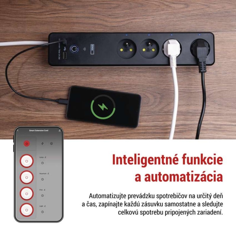 GoSmart predlžovací kábel 2 m / 4 zásuvky / s vyp. / s USB / biely-čierny / PVC / 1,5 mm2