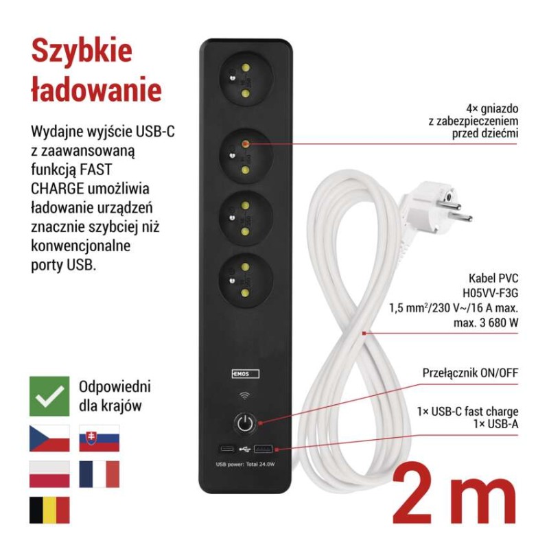 GoSmart Przedłużacz 2 m / 4 gniazda / z wyłącznikiem / z USB / biało-czarny / PVC / 1,5mm2