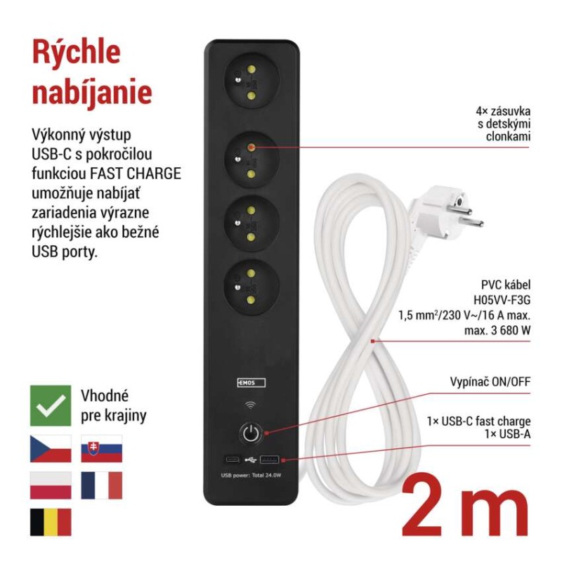 GoSmart predlžovací kábel 2 m / 4 zásuvky / s vyp. / s USB / biely-čierny / PVC / 1,5 mm2