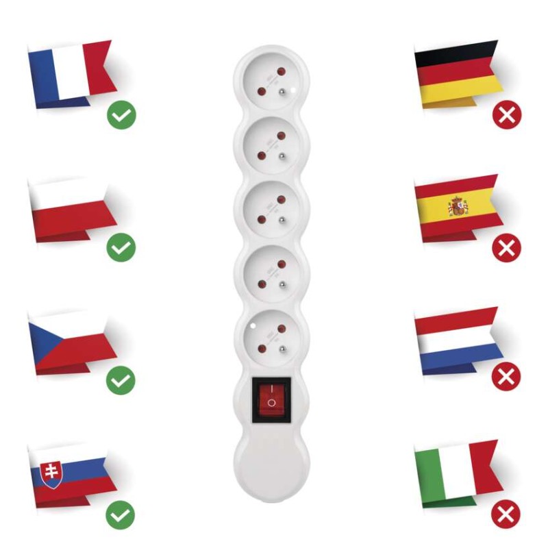 Samostatná 5 zásuvka s vypínačem, bílá