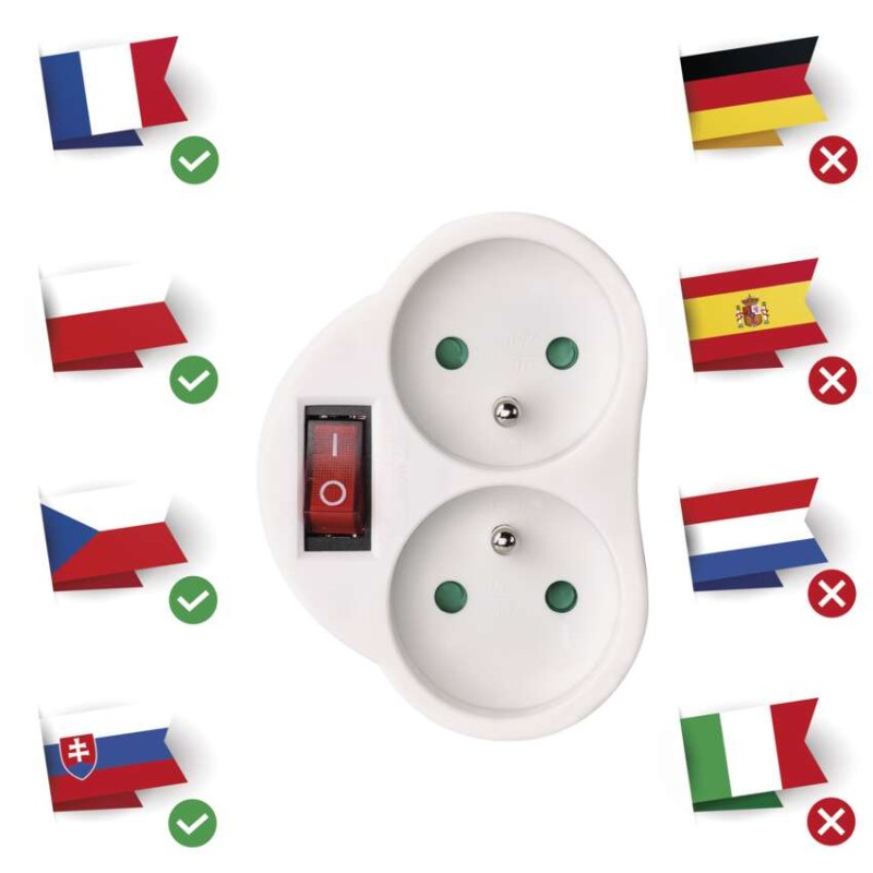 Rozbočovací zásuvka 2x kulatá s vypínačem, bílá