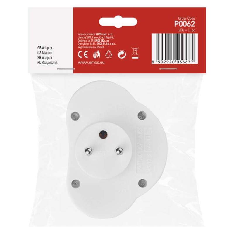 Rozbočovací zásuvka 2x kulatá s vypínačem, bílá