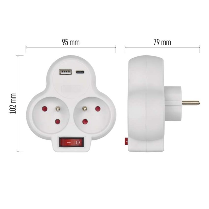 Rozbočovacia zásuvka 2×, vyp., 1×USB-A+1×USB-C, biela