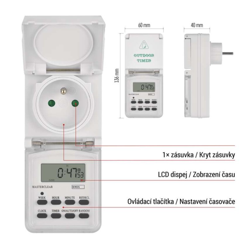 Časovač – digitální spínací zásuvka venkovní IP44
