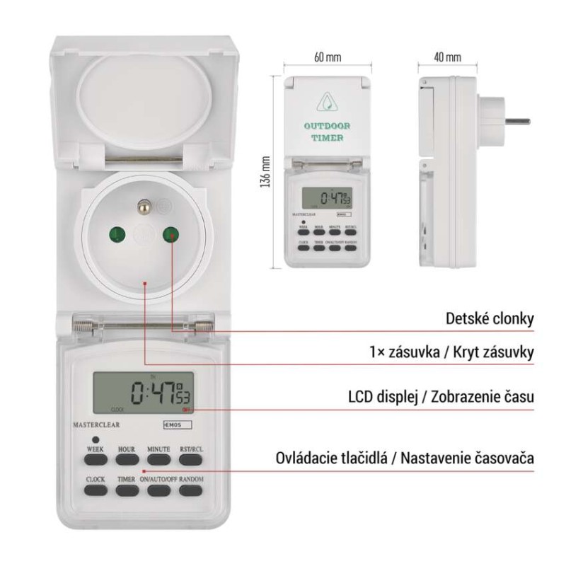 Časovač – digitálna spínacia zásuvka vonkajšia IP44