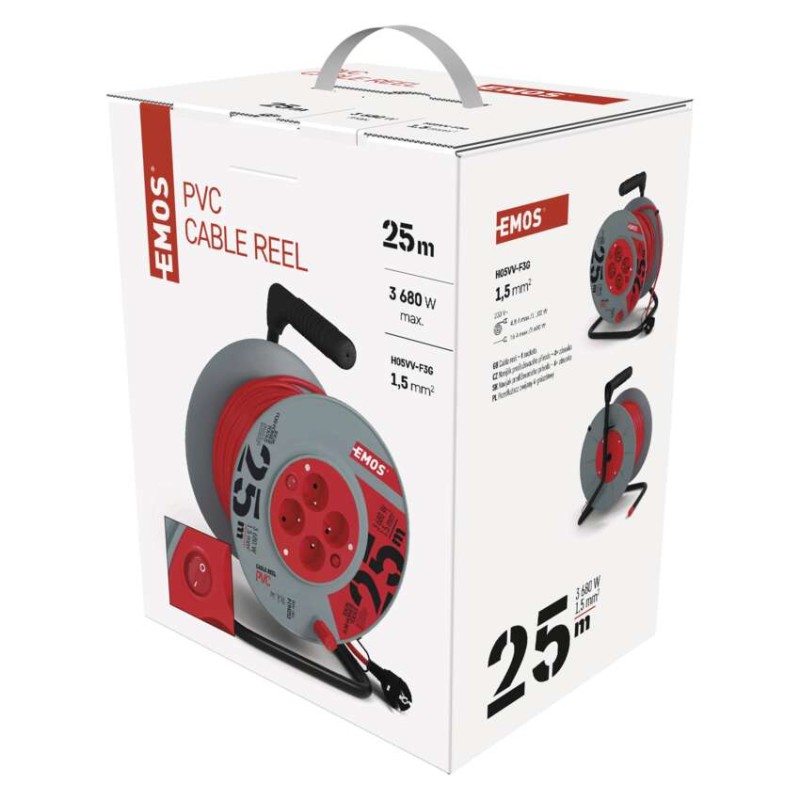 Prodlužovací kabel na bubnu 25 m / 4 zás. / s vypínačem / červený / PVC / 230V / 1,5 mm2