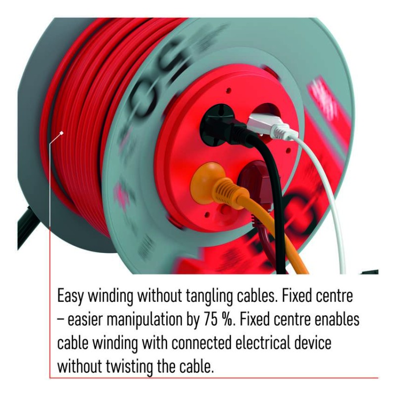 Predlžovací kábel na bubne 50 m / pevný stred / 4 zásuvky / červený / PVC / 230 V / 1,5mm2