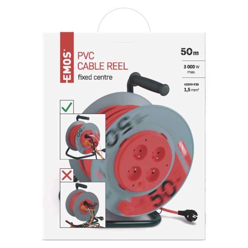 Predlžovací kábel na bubne 50 m / pevný stred / 4 zásuvky / červený / PVC / 230 V / 1,5mm2