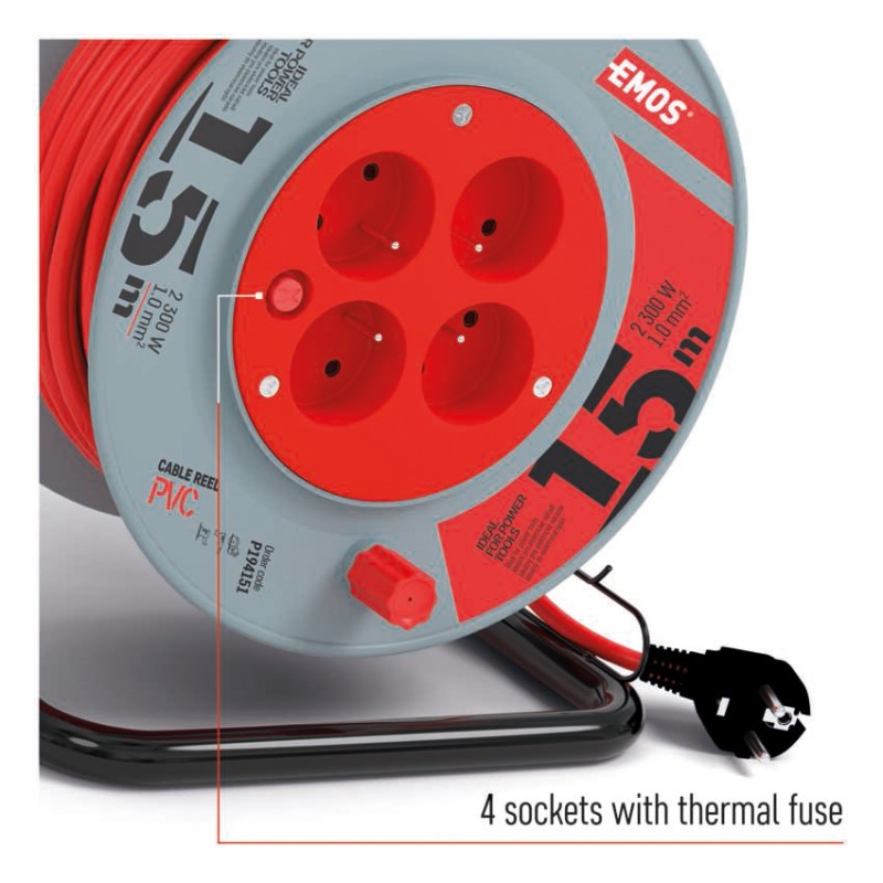 Predlžovací kábel na bubne 15 m / 4 zásuvky / červený / PVC / 230 V / 1 mm2