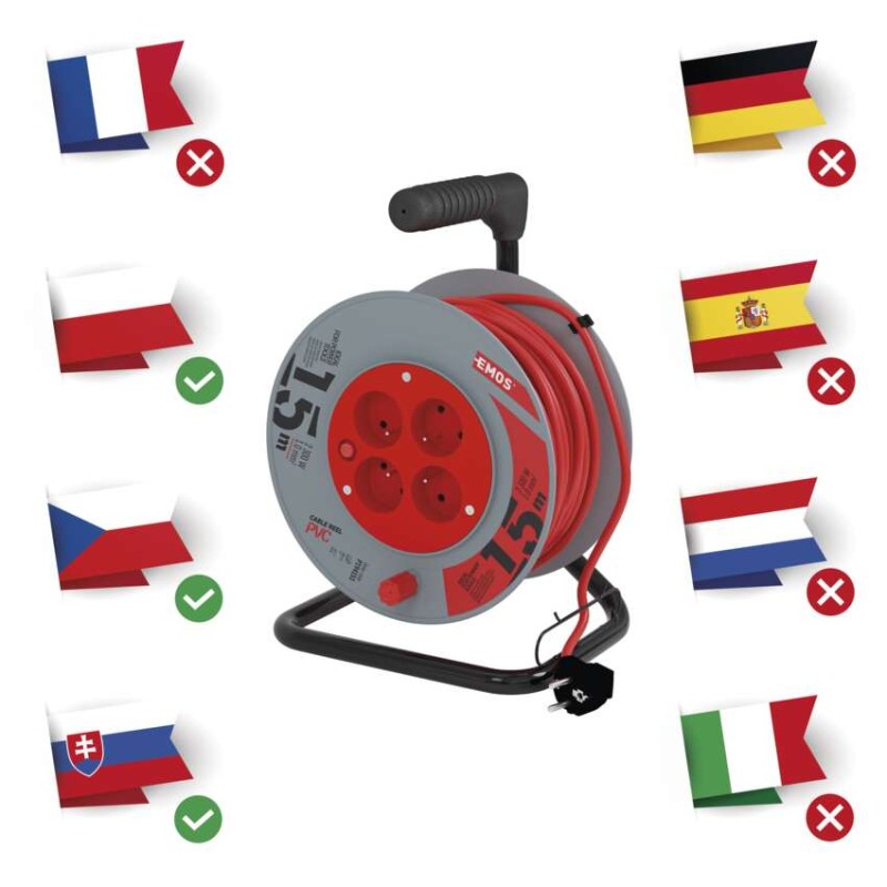 Predlžovací kábel na bubne 15 m / 4 zásuvky / červený / PVC / 230 V / 1 mm2