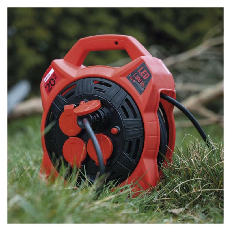 Venk. prodl. kabel na bubnu 20 m / 4 zás. / guma / 230 V / 1,5 mm2 s LED reflektorem