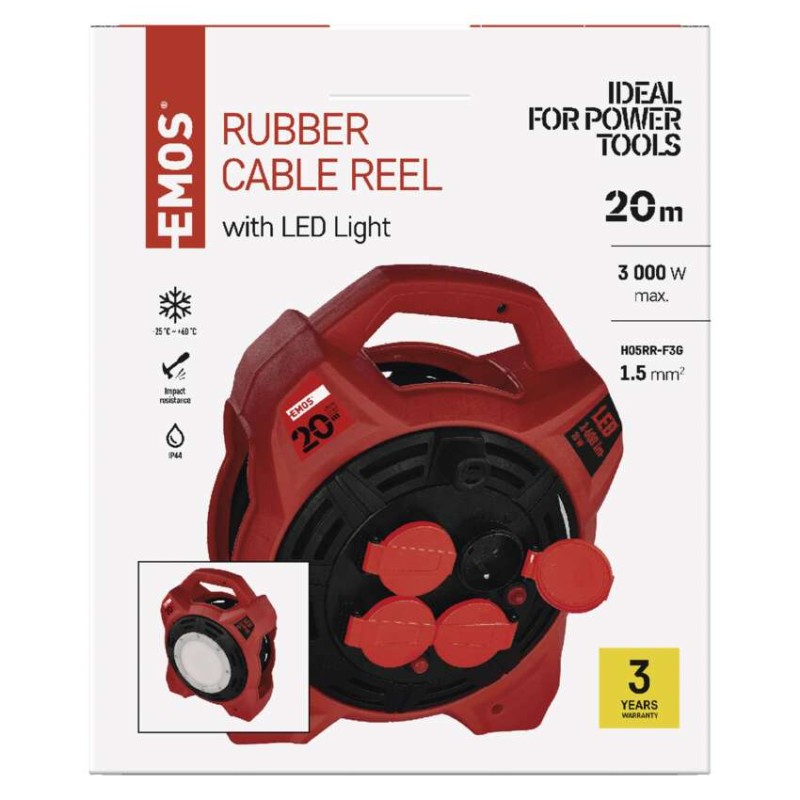 Venk. prodl. kabel na bubnu 20 m / 4 zás. / guma / 230 V / 1,5 mm2 s LED reflektorem