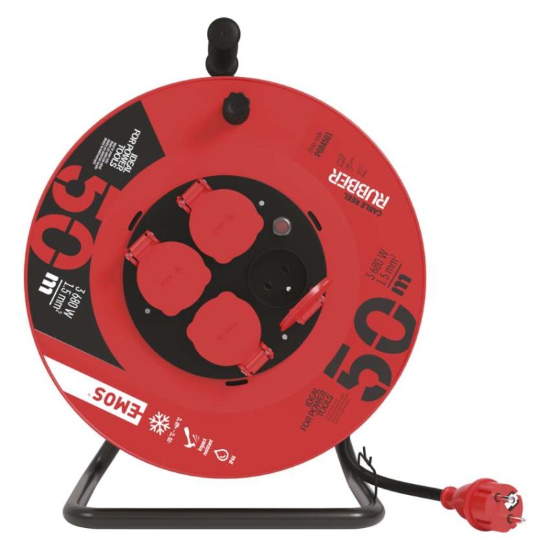 Venkovní prodlužovací kabel na bubnu 50 m / 4 zásuvky / černý / guma / 230 V / 1,5 mm2