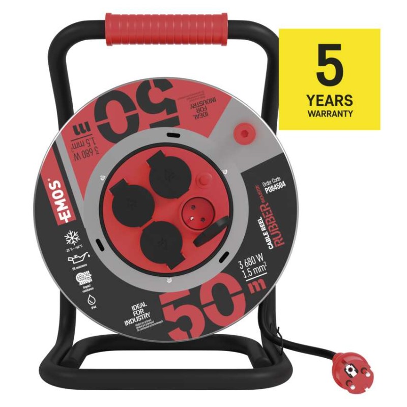 Venkovní prodlužovací kabel na bubnu 50 m / 4 zás. / černý / guma-neopren / 230V / 1,5 mm2