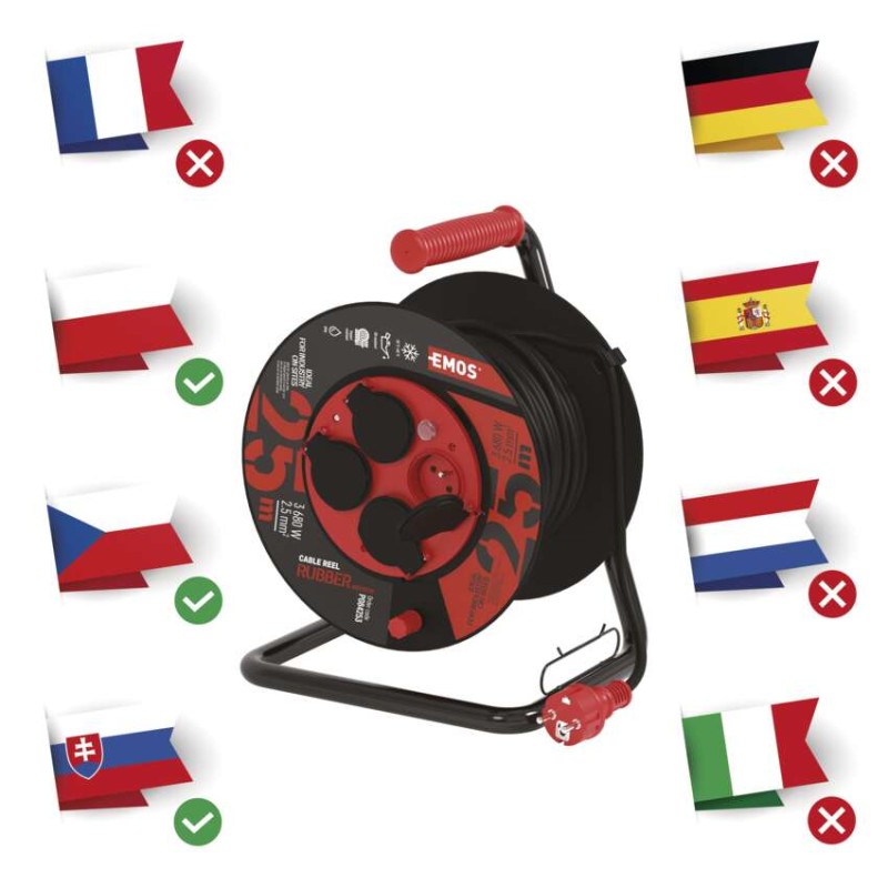 Venkovní prodlužovací kabel na bubnu 25 m / 4 zás. / černý / guma-neopren / 230V / 2,5 mm2