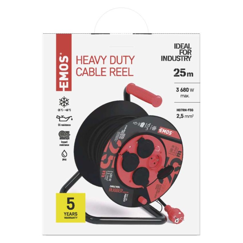 Venkovní prodlužovací kabel na bubnu 25 m / 4 zás. / černý / guma-neopren / 230V / 2,5 mm2