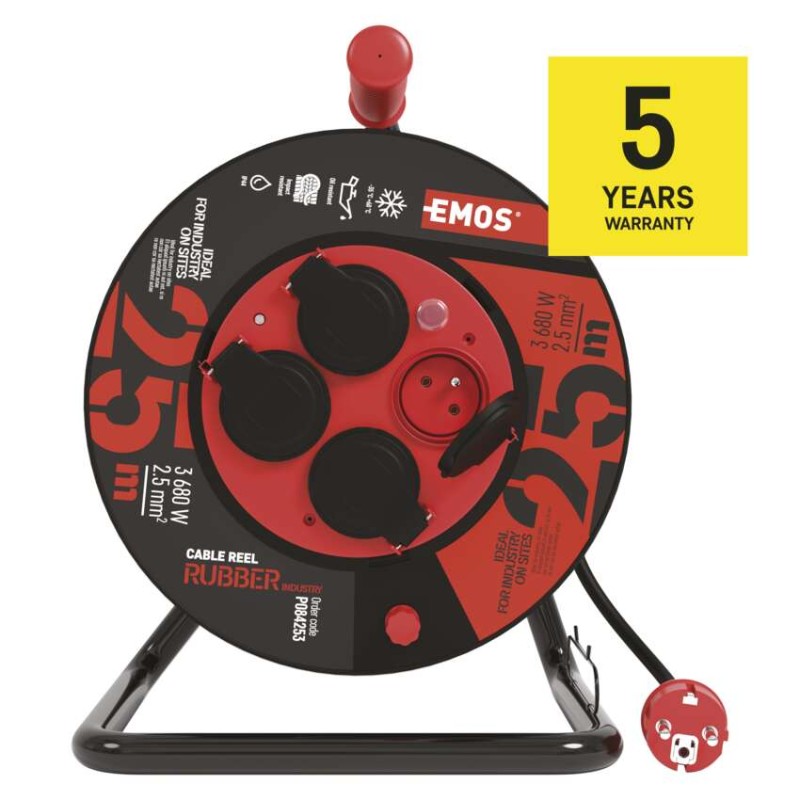 Venkovní prodlužovací kabel na bubnu 25 m / 4 zás. / černý / guma-neopren / 230V / 2,5 mm2