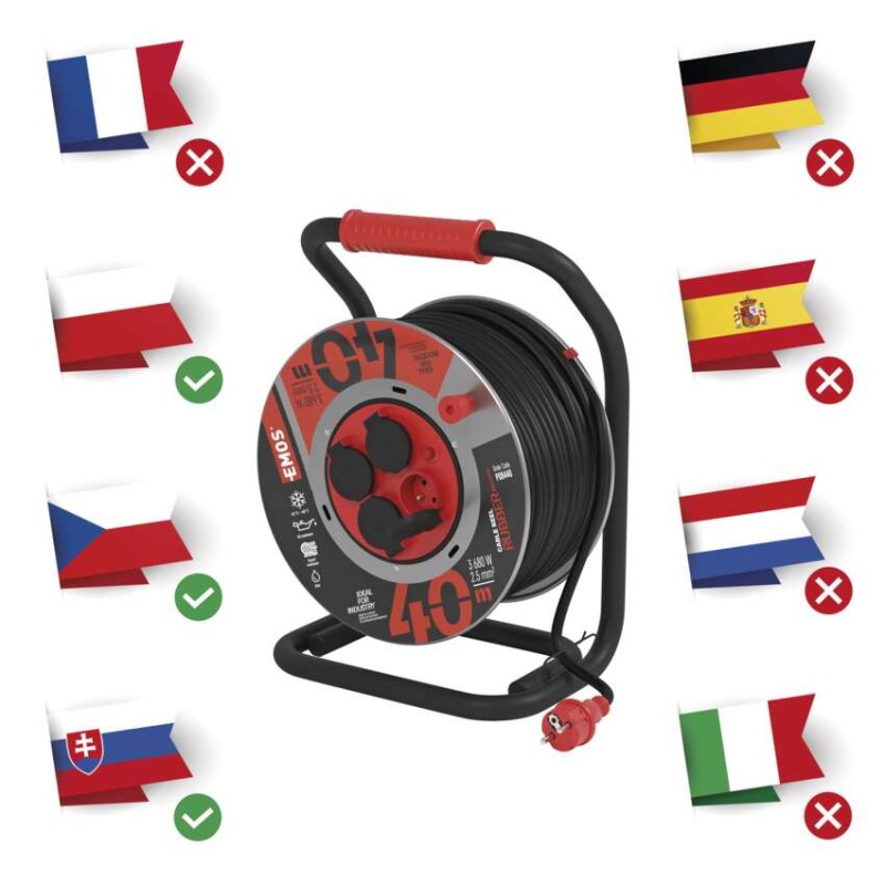 Vonkajší predlžovací kábel na bubne 40 m / 4 zás. / čierny / guma-neoprén / 230V / 2,5 mm2