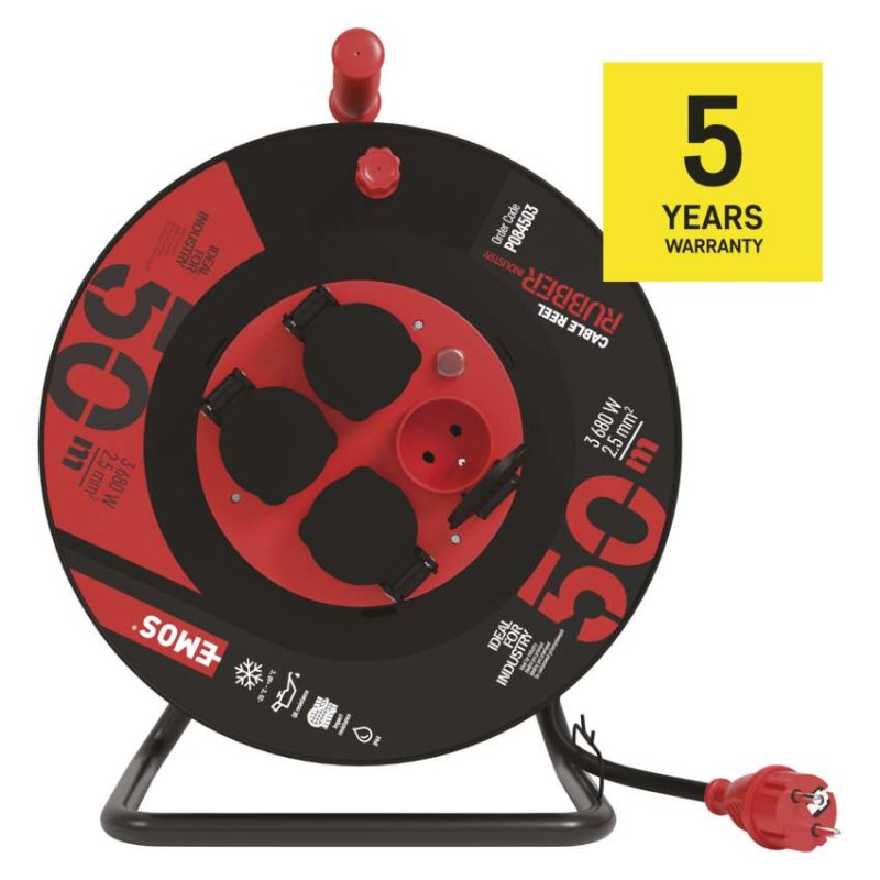 Venkovní prodlužovací kabel na bubnu 50 m / 4 zás. / černý / guma-neopren / 230V / 2,5 mm2