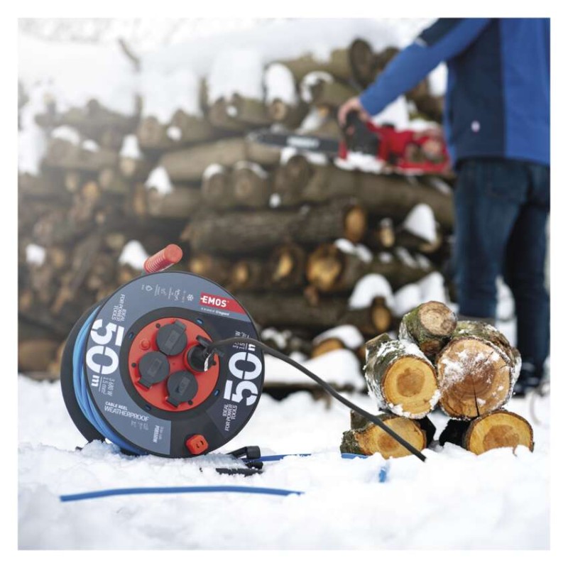 Počasí odolný prodluž. kabel na bubnu 50 m / 4 zásuvky / modrý / PVC / 230 V / 1,5 mm2