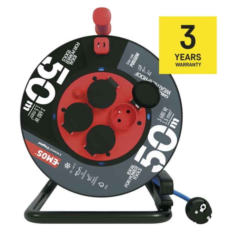 Počasí odolný prodluž. kabel na bubnu 50 m / 4 zásuvky / modrý / PVC / 230 V / 1,5 mm2