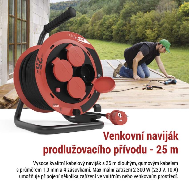Venkovní prodlužovací kabel na bubnu 25 m / 4 zásuvky / guma / 230 V / 1,0 mm2 / IP44