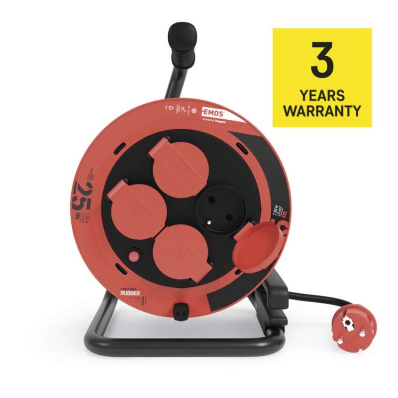 Venkovní prodlužovací kabel na bubnu 25 m / 4 zásuvky / guma / 230 V / 1,0 mm2 / IP44