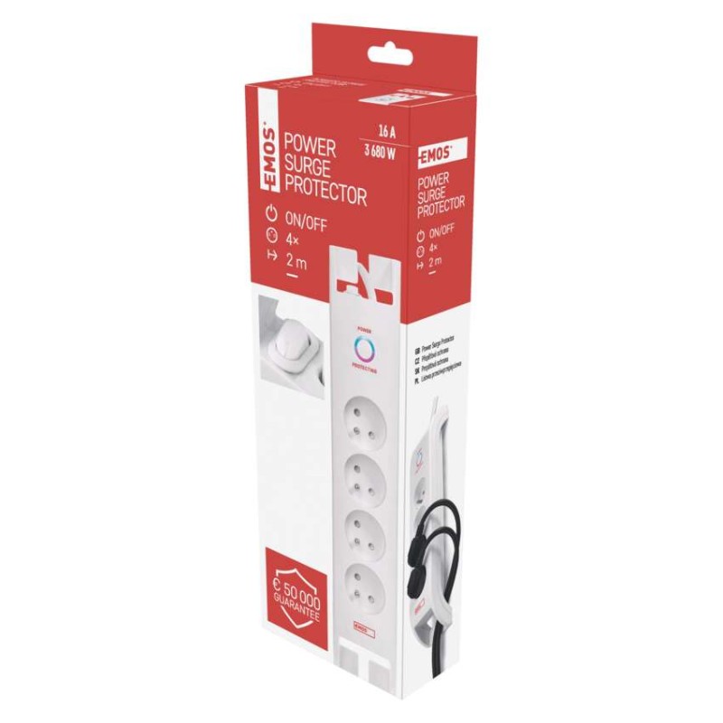 Listwa przeciwprzepięciowa EMOS 900J, 4 gniazda 2m, biała