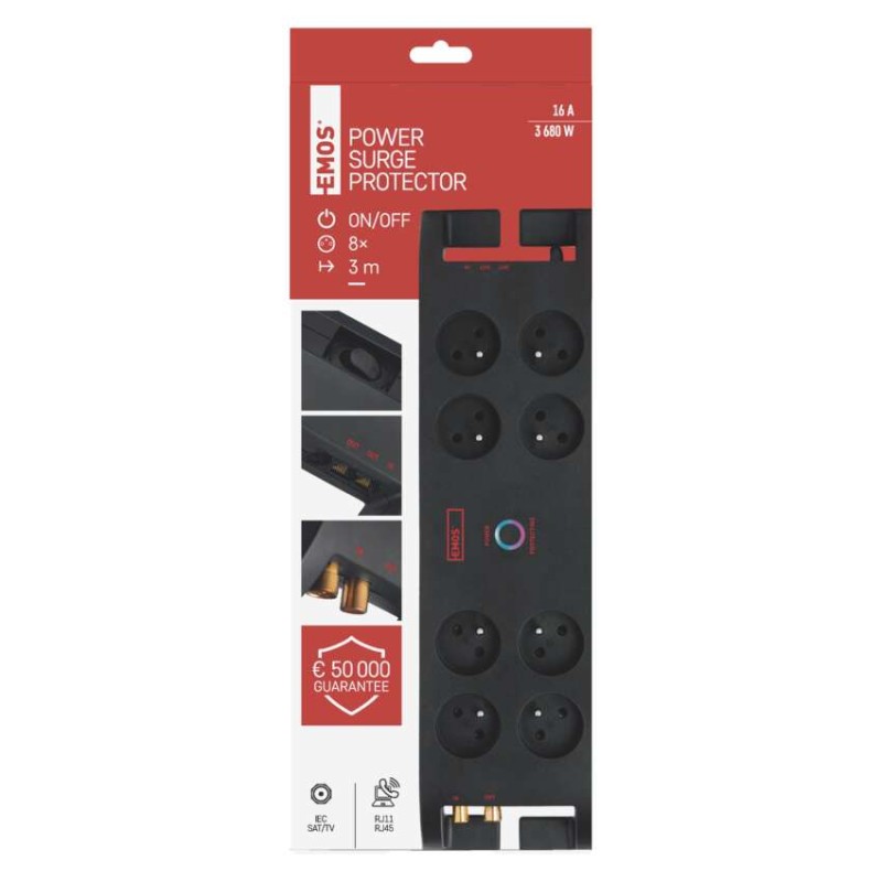 Prepäťová ochrana EMOS – 8 zásuviek, 3m, čierna