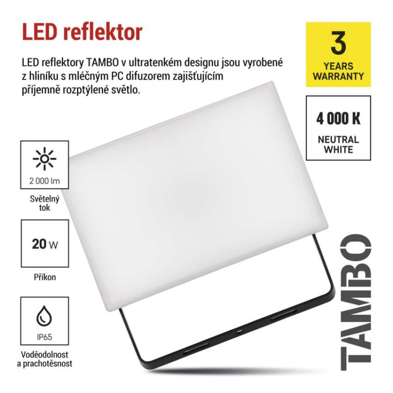 LED reflektor TAMBO, 20 W, 2000 lm, IP65, černý