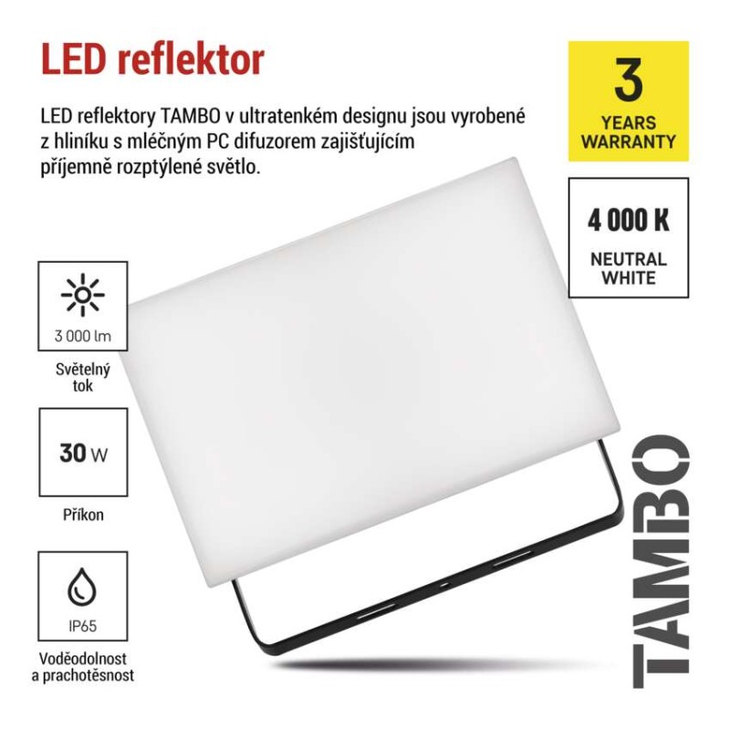 LED reflektor TAMBO, 30 W, 3000 lm, IP65, černý
