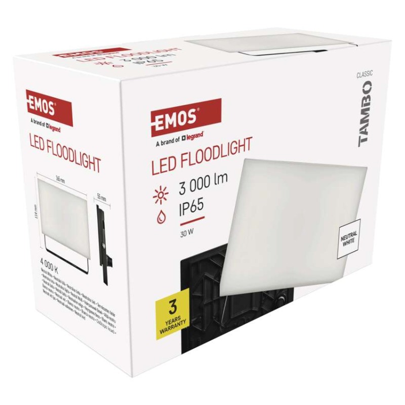 LED-es reflektor TAMBO, 30 W, 3000 lm, IP65, fekete