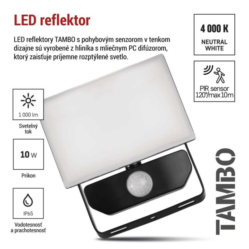 LED reflektor TAMBO so senzorom pohybu, 10 W, 1000 lm, čierny