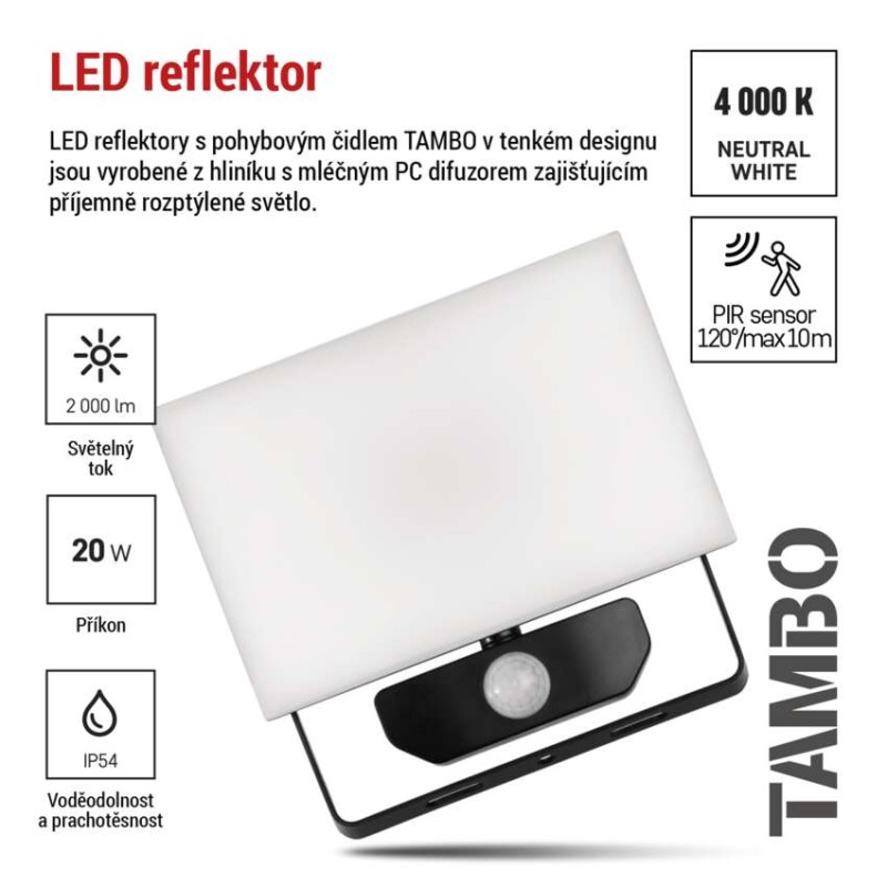 LED reflektor TAMBO se senzorem pohybu, 20 W, 2000 lm, černý