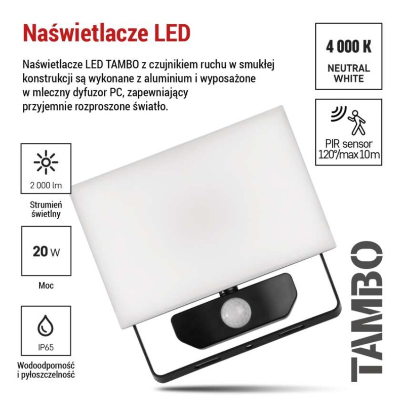 Naświetlacz LED TAMBO z czujnikiem PIR, 20 W, 2000 lm, czarny