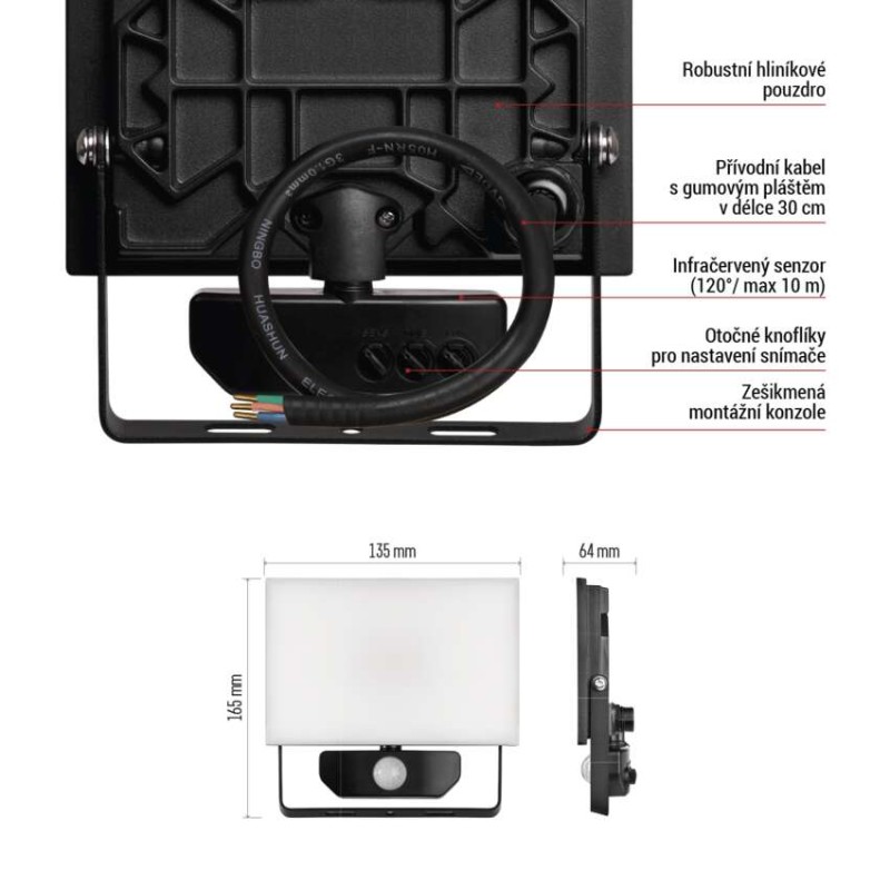 LED reflektor TAMBO se senzorem pohybu, 20 W, 2000 lm, černý