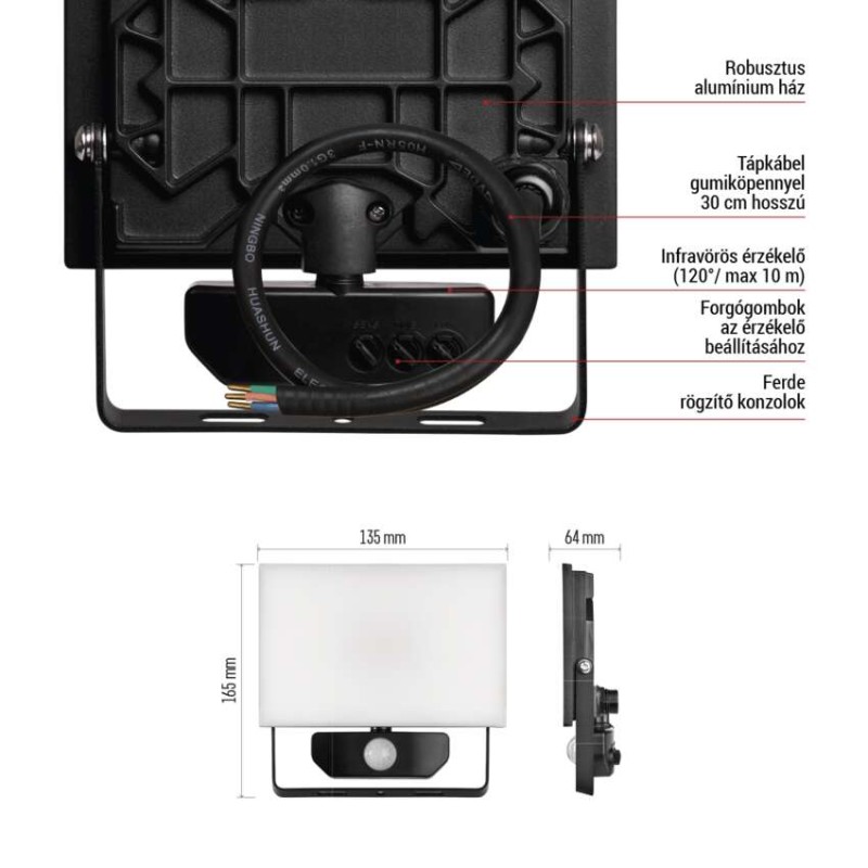 LED-es reflektor TAMBO mozgásérzékelővel, 20 W, 2000 lm, fekete