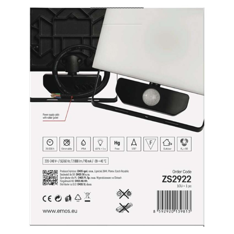 LED reflektor TAMBO se senzorem pohybu, 20 W, 2000 lm, černý