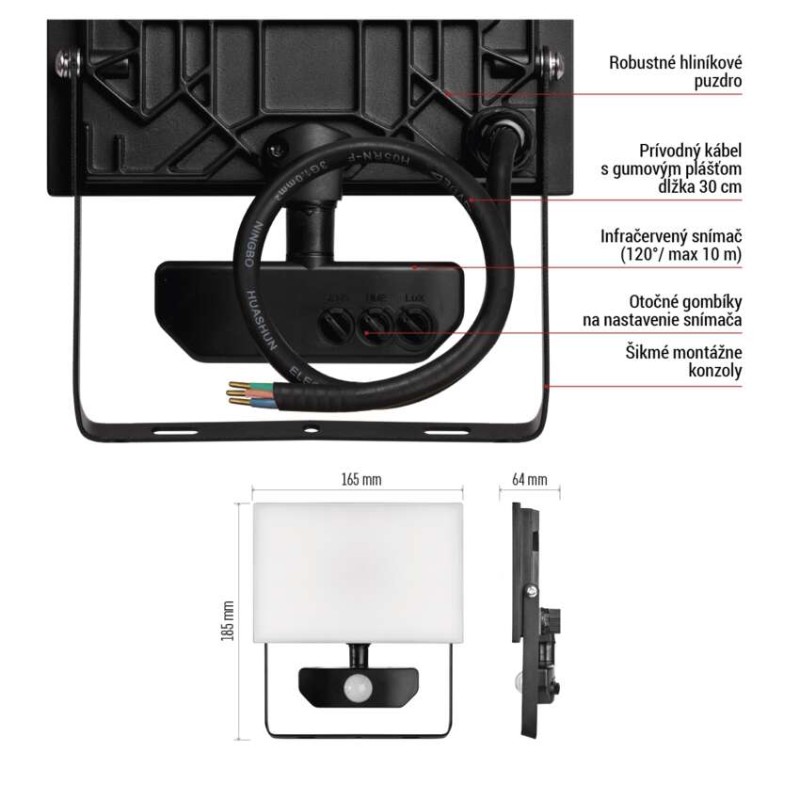 LED reflektor TAMBO so senzorom pohybu, 30 W, 3000 lm, čierny