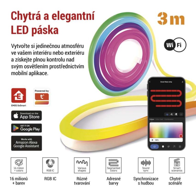 GoSmart ohebný LED pásek NEON bílý, 3 m, 23 W, RGBIC stmívatelný, WiFi