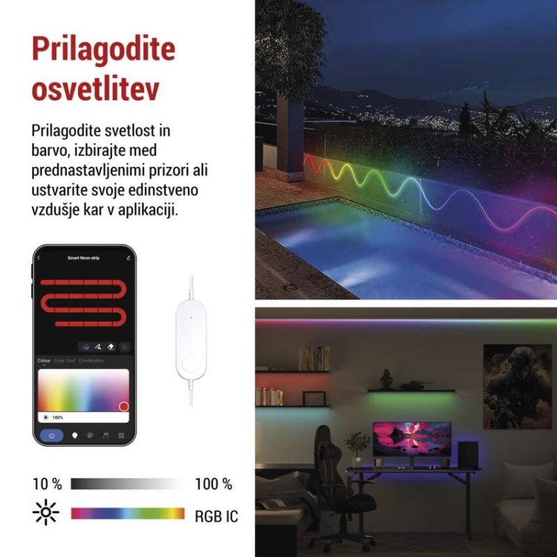 GoSmart Prilagodljiv LED trak NEON bele barve, 3 m, 23 W, RGBICz možnostjo zatemnitve, WiF