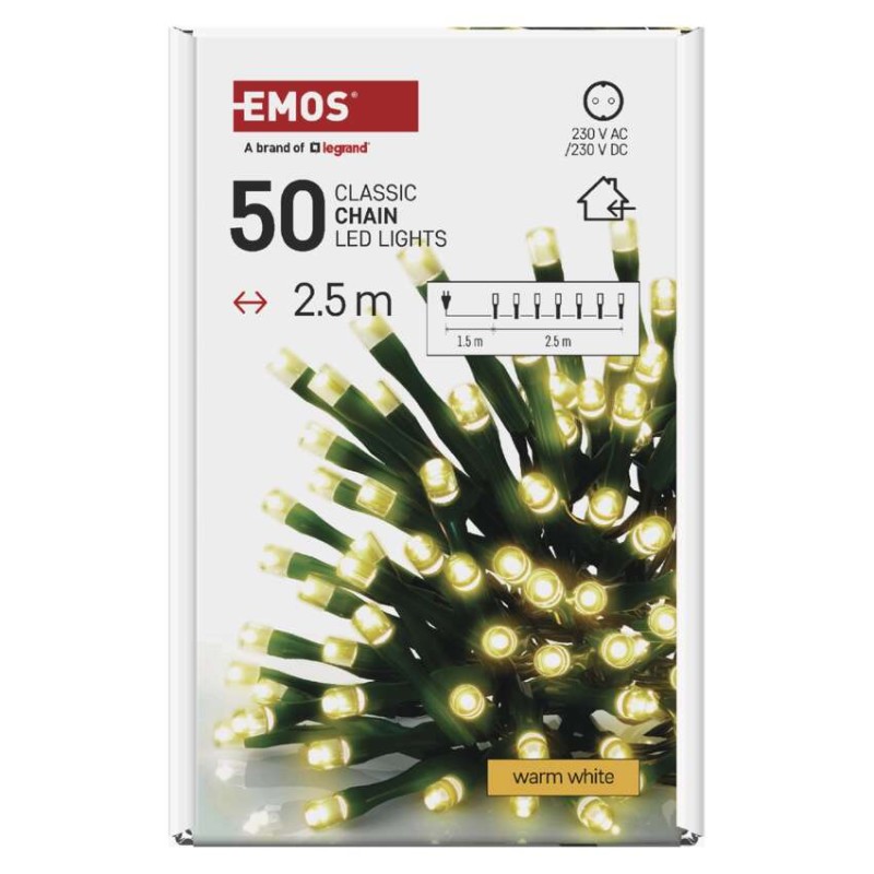 Lampki choinkowe Classic 50 LED 2,5m ciepła biel, zielony przewód, IP20