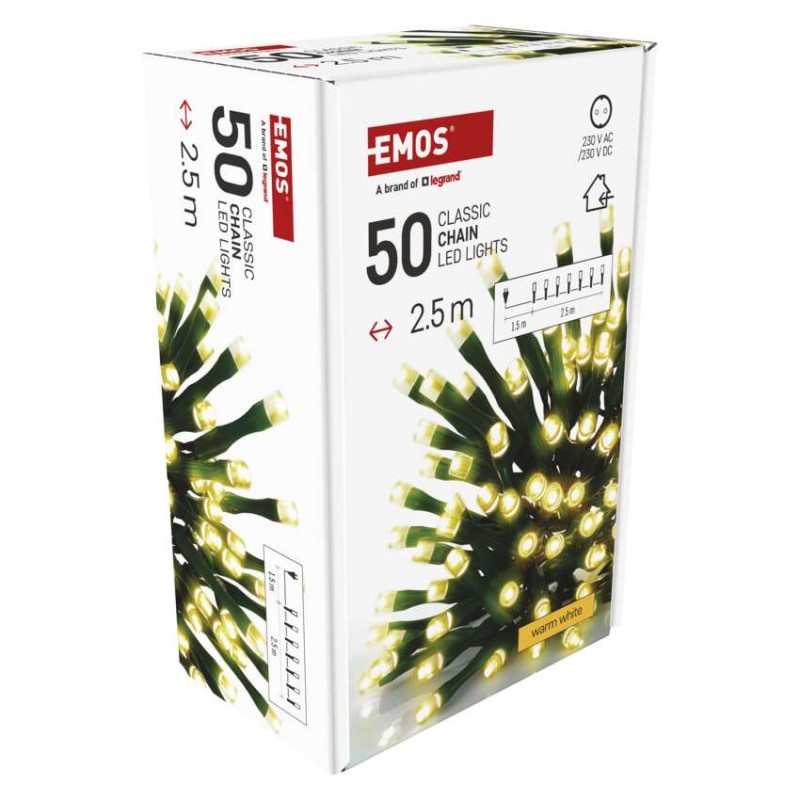 Lampki choinkowe Classic 50 LED 2,5m ciepła biel, zielony przewód, IP20