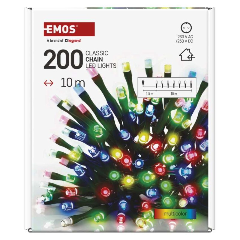 Lampki choinkowe Classic 200 LED 10m multikolor, zielony przewód, IP20