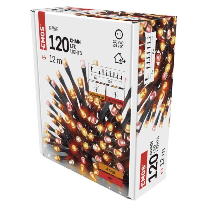 Lampki choinkowe Classic 120 LED świetliki 12m vintage + czerwone miga, IP44