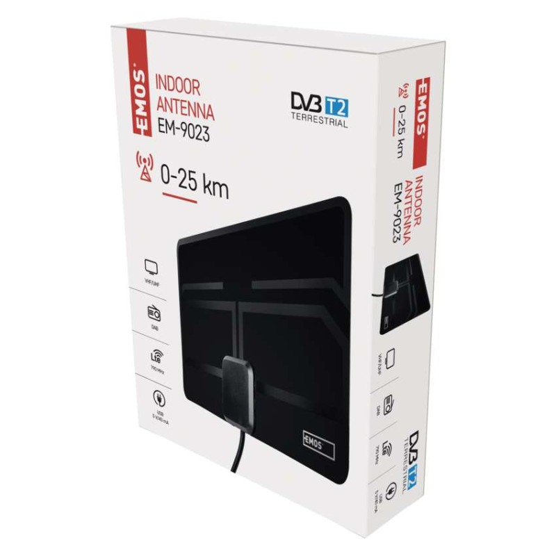 Vidaus antena EM-9023, 0–25 km, DVB-T2, DAB, LTE/4G filtras