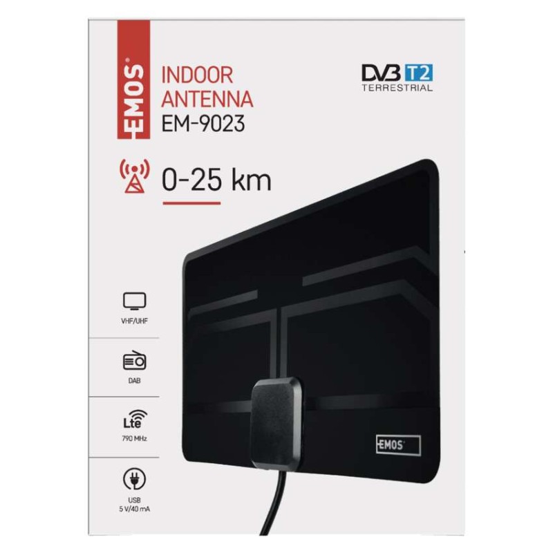 Vidaus antena EM-9023, 0–25 km, DVB-T2, DAB, LTE/4G filtras