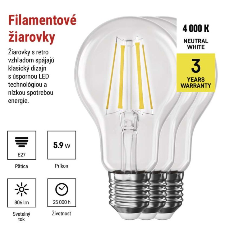 LED žiarovka Filament A60 / E27 / 5,9 W (60 W) / 806 lm / Neutrálna biela